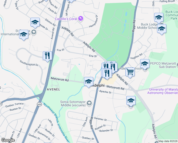 map of restaurants, bars, coffee shops, grocery stores, and more near 9250 Edwards Way in Adelphi