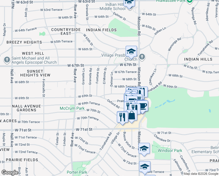 map of restaurants, bars, coffee shops, grocery stores, and more near 4300 West 69th Street in Prairie Village