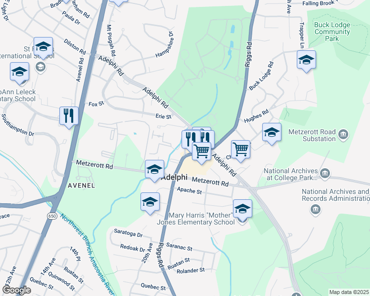 map of restaurants, bars, coffee shops, grocery stores, and more near 9220 Edwards Way in Adelphi