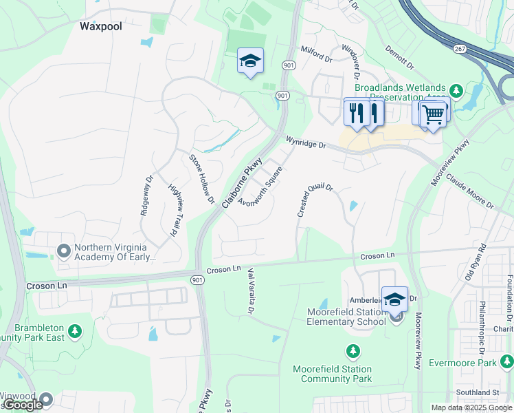 map of restaurants, bars, coffee shops, grocery stores, and more near 22092 Avonworth Square in Broadlands