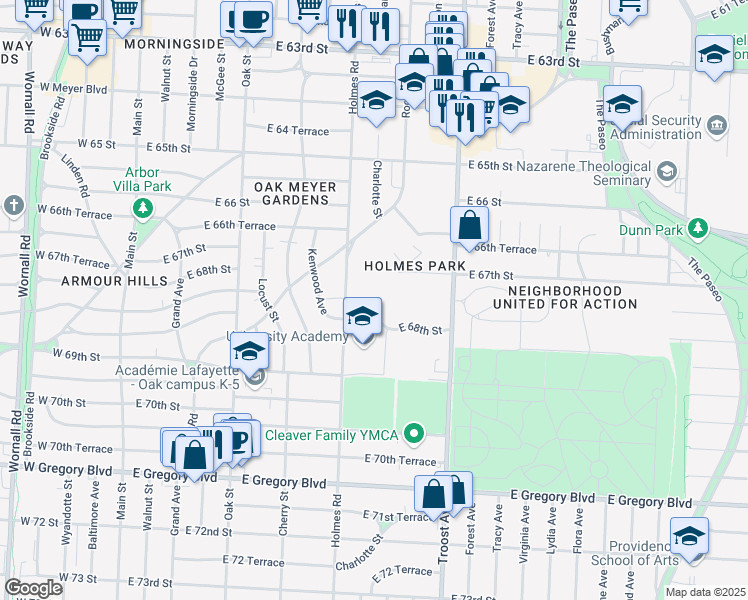 map of restaurants, bars, coffee shops, grocery stores, and more near 6801 Holmes Road in Kansas City