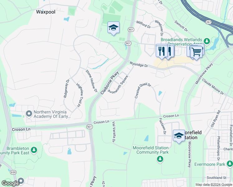 map of restaurants, bars, coffee shops, grocery stores, and more near 22092 Avonworth Square in Broadlands