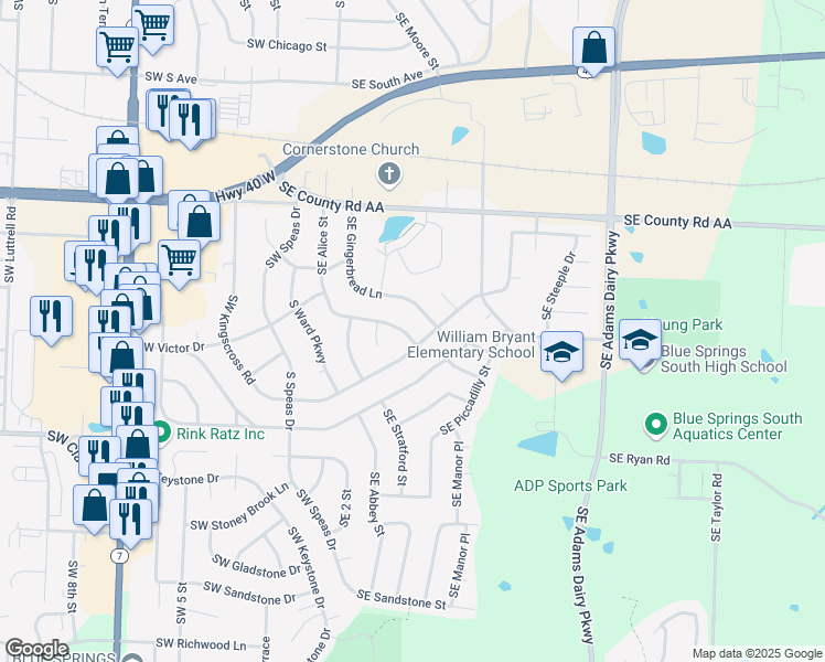 map of restaurants, bars, coffee shops, grocery stores, and more near 1318 Southeast Alice Street in Blue Springs
