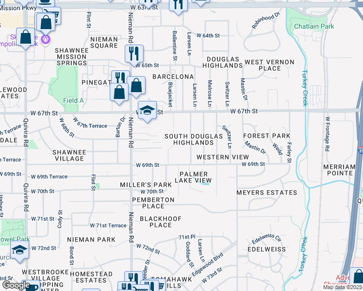 map of restaurants, bars, coffee shops, grocery stores, and more near 10650 West 69th Street in Shawnee