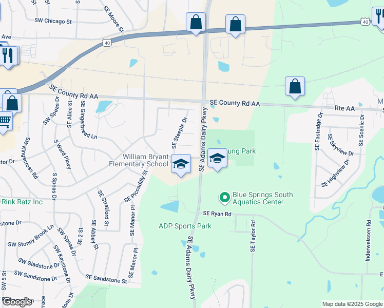 map of restaurants, bars, coffee shops, grocery stores, and more near 1101 Southeast Sunnyside School Road in Blue Springs