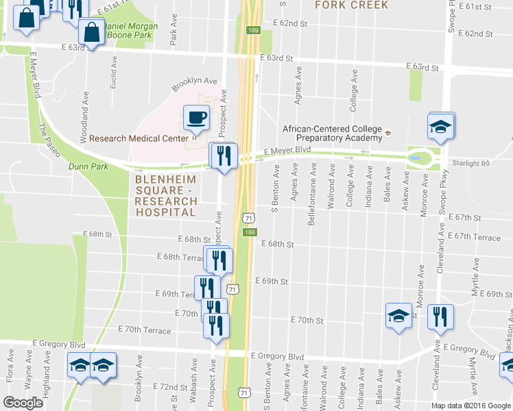 map of restaurants, bars, coffee shops, grocery stores, and more near Chestnut Ave & E 67th St in Kansas City