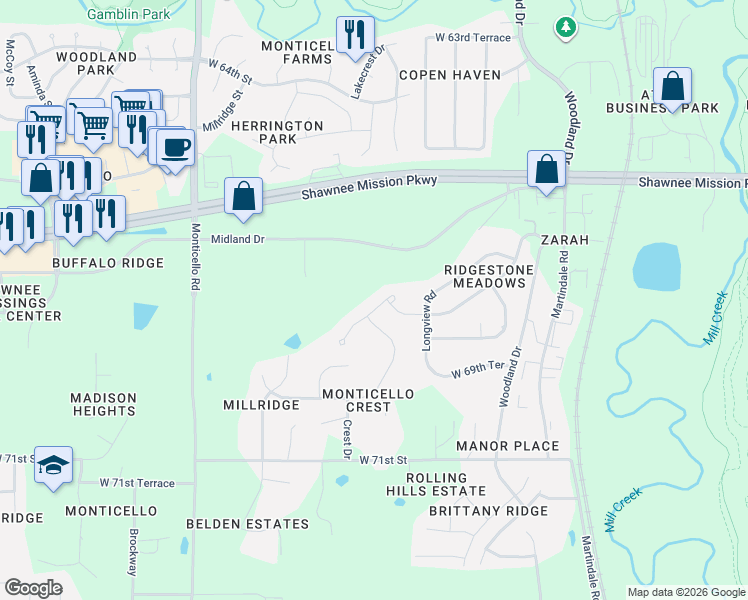 map of restaurants, bars, coffee shops, grocery stores, and more near 21115 West 68th Street in Shawnee