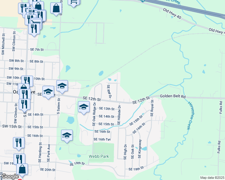 map of restaurants, bars, coffee shops, grocery stores, and more near 810 Southeast 12th Street in Oak Grove