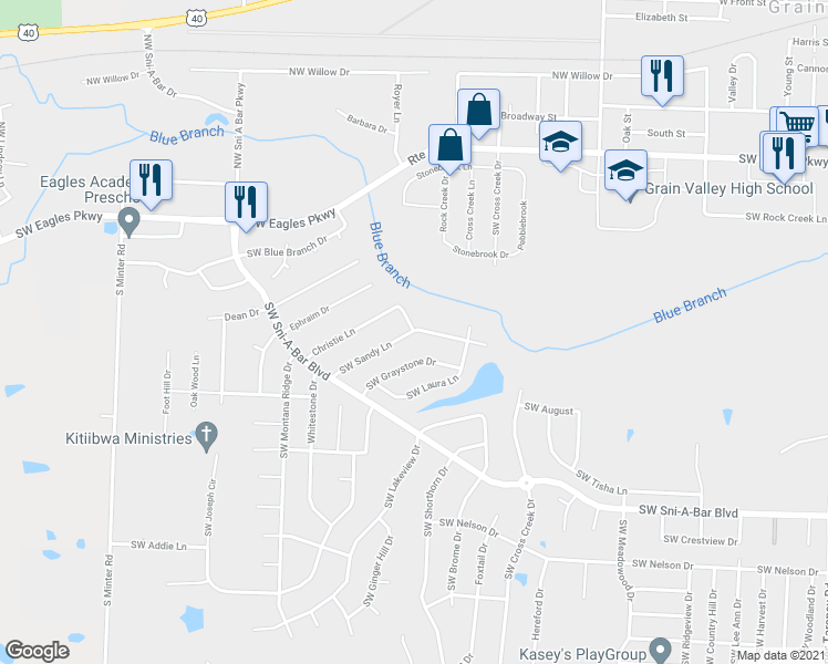 map of restaurants, bars, coffee shops, grocery stores, and more near 916 Southwest Sandy Lane in Grain Valley