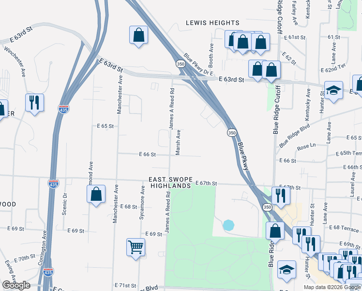 map of restaurants, bars, coffee shops, grocery stores, and more near 6550 Marsh Avenue in Kansas City