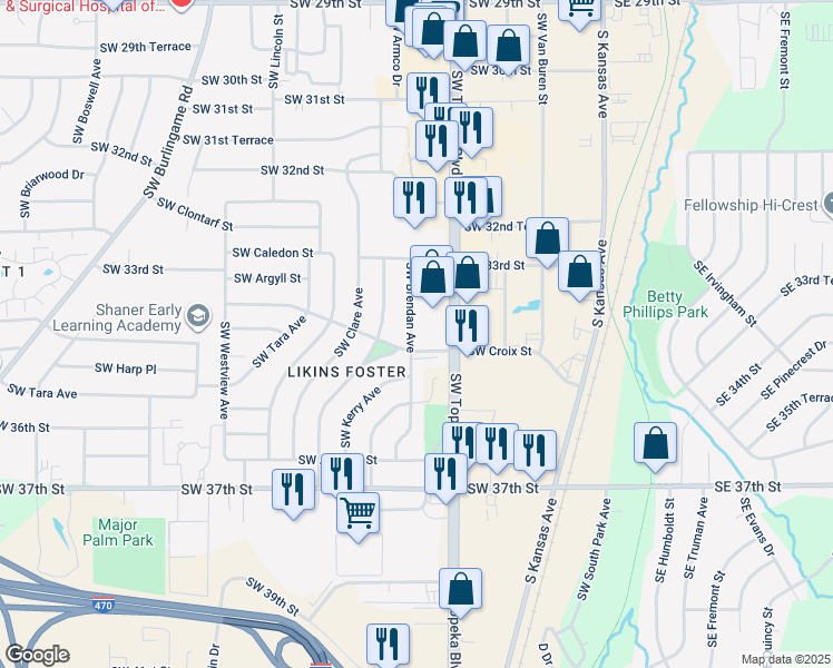 map of restaurants, bars, coffee shops, grocery stores, and more near 901 Southwest Croix Place in Topeka