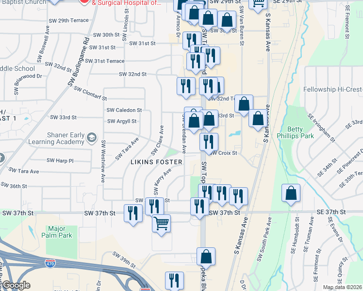 map of restaurants, bars, coffee shops, grocery stores, and more near 901 Southwest Croix Place in Topeka