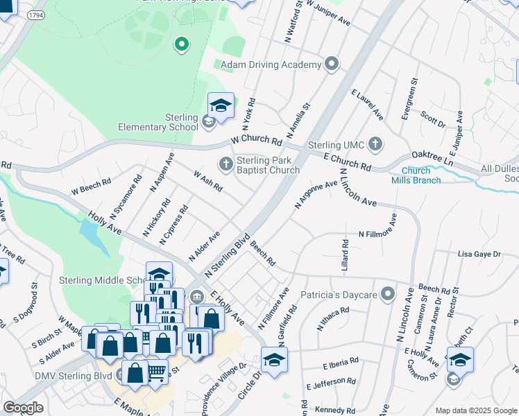 map of restaurants, bars, coffee shops, grocery stores, and more near 407 North Sterling Boulevard in Sterling