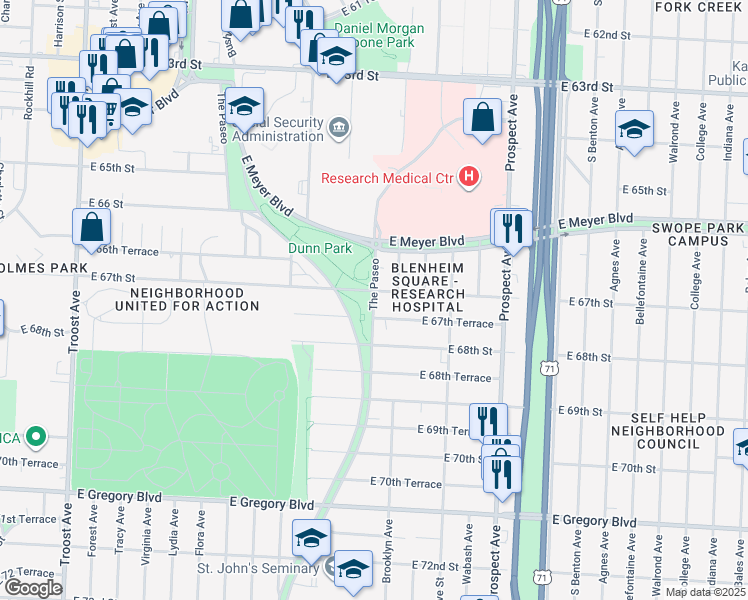 map of restaurants, bars, coffee shops, grocery stores, and more near 6707 Paseo Boulevard in Kansas City