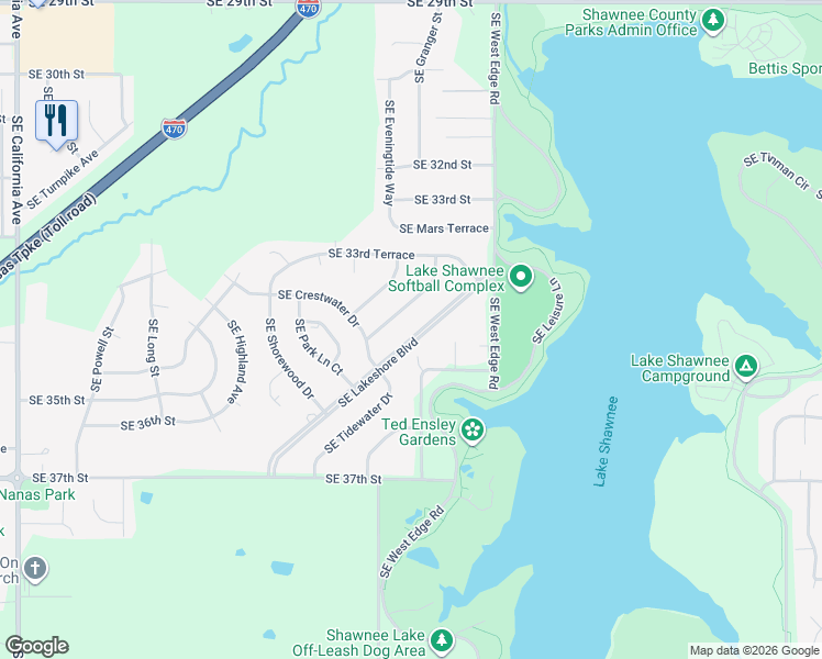 map of restaurants, bars, coffee shops, grocery stores, and more near 2700-2798 Lakeshore Boulevard in Topeka