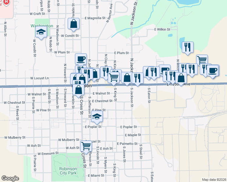 map of restaurants, bars, coffee shops, grocery stores, and more near 205 South King Street in Robinson