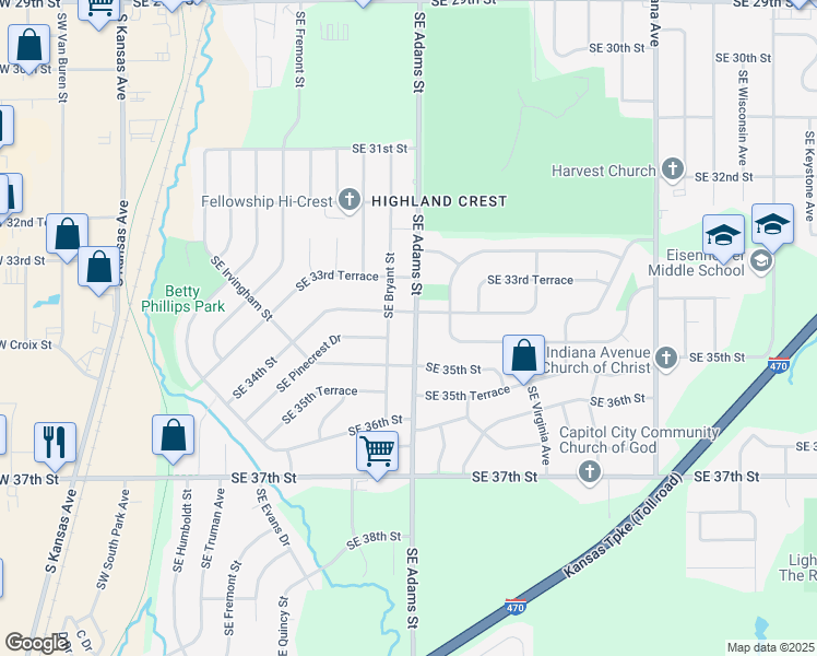 map of restaurants, bars, coffee shops, grocery stores, and more near 3407 Southeast Adams Street in Topeka