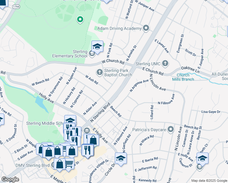 map of restaurants, bars, coffee shops, grocery stores, and more near 407 North Sterling Boulevard in Sterling