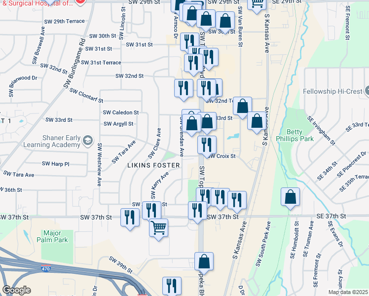 map of restaurants, bars, coffee shops, grocery stores, and more near 901 Southwest Croix Place in Topeka
