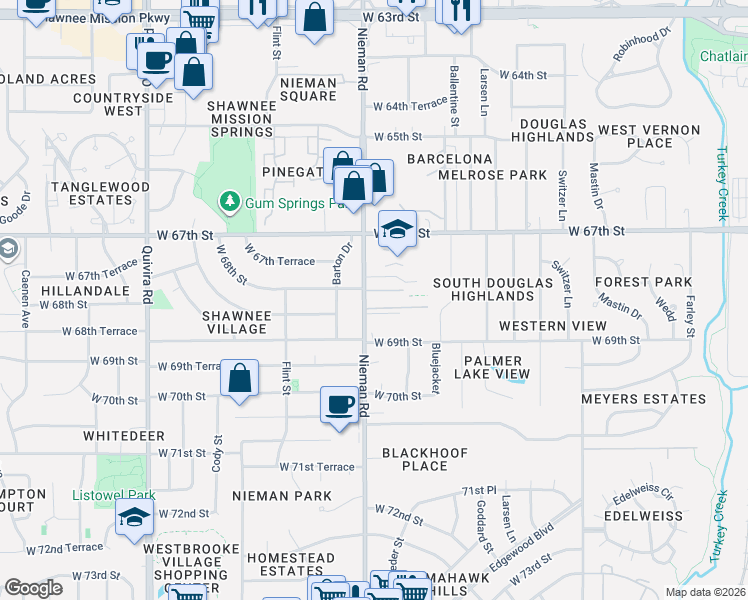 map of restaurants, bars, coffee shops, grocery stores, and more near 6830 Nieman Road in Shawnee