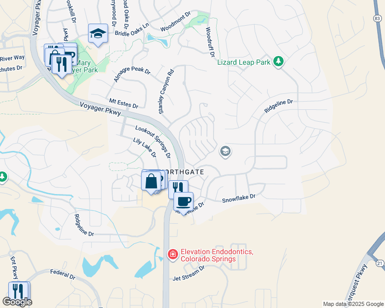 map of restaurants, bars, coffee shops, grocery stores, and more near 12105 Ambassador Drive in Colorado Springs