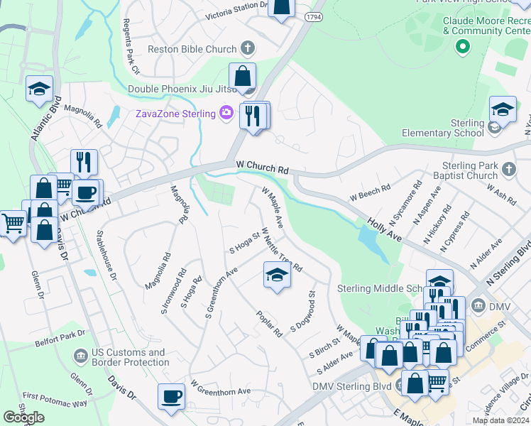 map of restaurants, bars, coffee shops, grocery stores, and more near 808 West Nettle Tree Road in Sterling