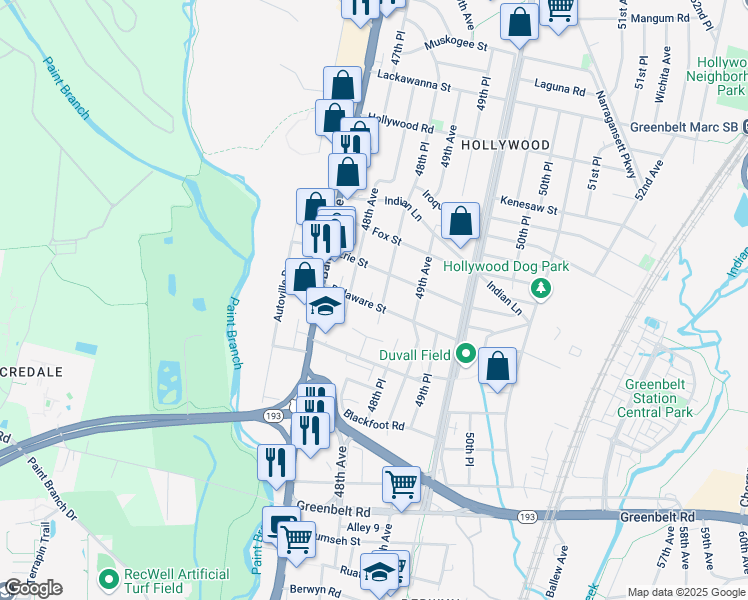 map of restaurants, bars, coffee shops, grocery stores, and more near 4810 Delaware Street in College Park