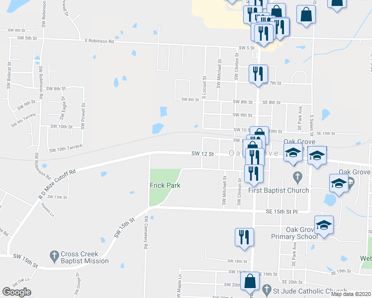 map of restaurants, bars, coffee shops, grocery stores, and more near 402 Southwest 12th Street in Oak Grove