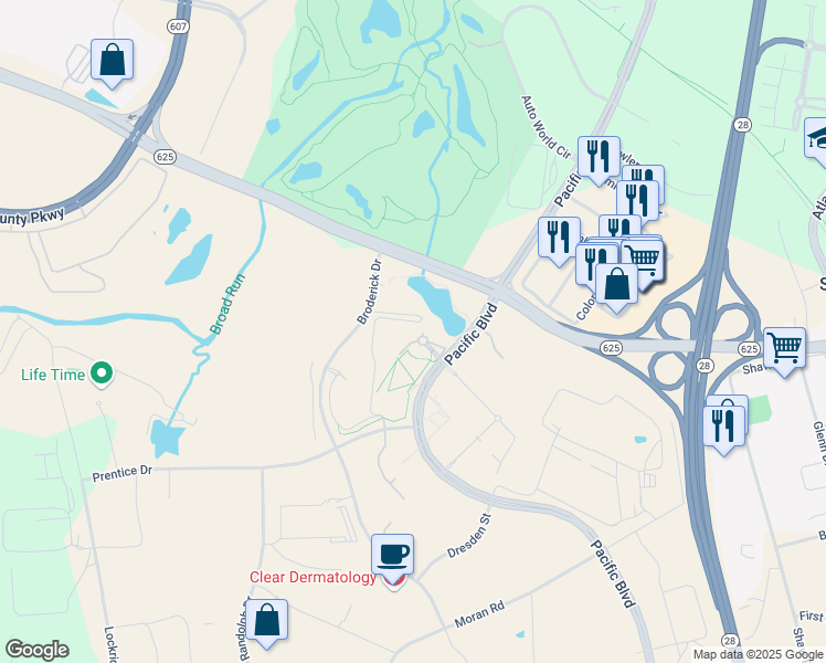 map of restaurants, bars, coffee shops, grocery stores, and more near 22070 Broderick Drive in Sterling