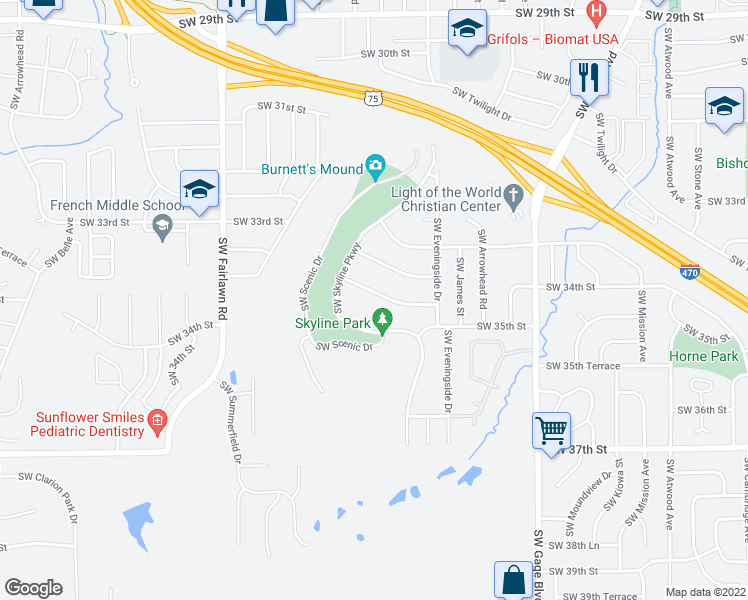 map of restaurants, bars, coffee shops, grocery stores, and more near 4847 Southwest Cochise Avenue in Topeka