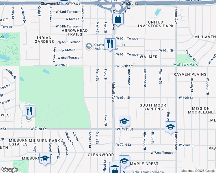 map of restaurants, bars, coffee shops, grocery stores, and more near 7128 West 68th Street in Overland Park