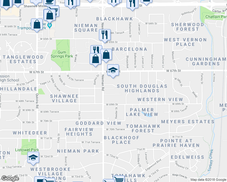 map of restaurants, bars, coffee shops, grocery stores, and more near 10917 West 67th Street in Shawnee