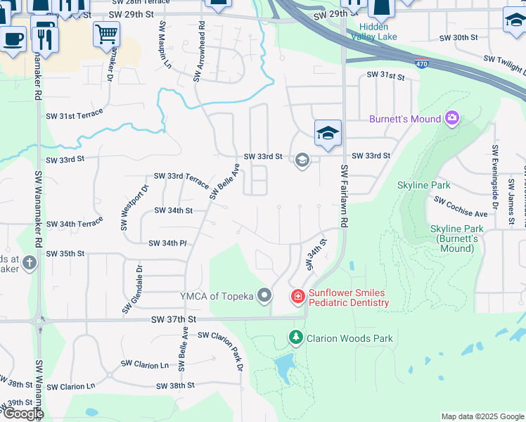 map of restaurants, bars, coffee shops, grocery stores, and more near 3335 Southwest Southbrook Court in Topeka