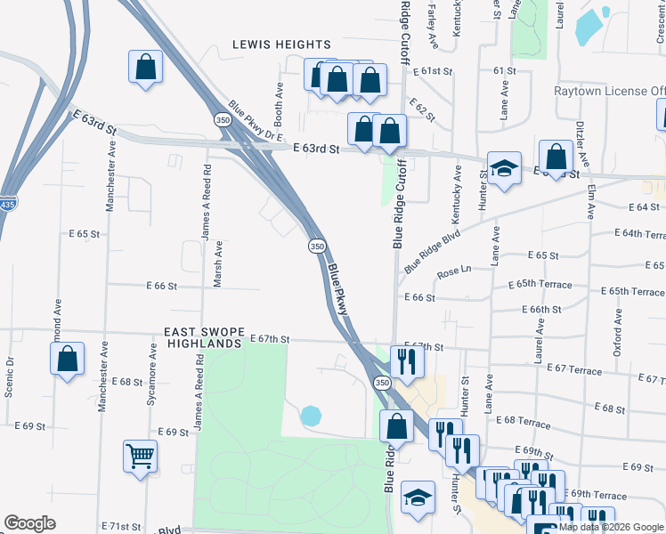 map of restaurants, bars, coffee shops, grocery stores, and more near 8500 Blue Parkway in Kansas City