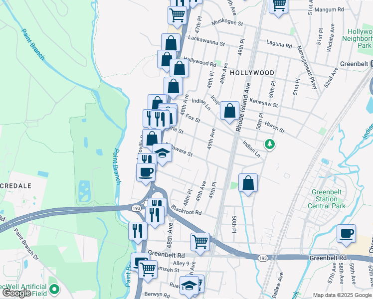 map of restaurants, bars, coffee shops, grocery stores, and more near 4810 Delaware Street in College Park