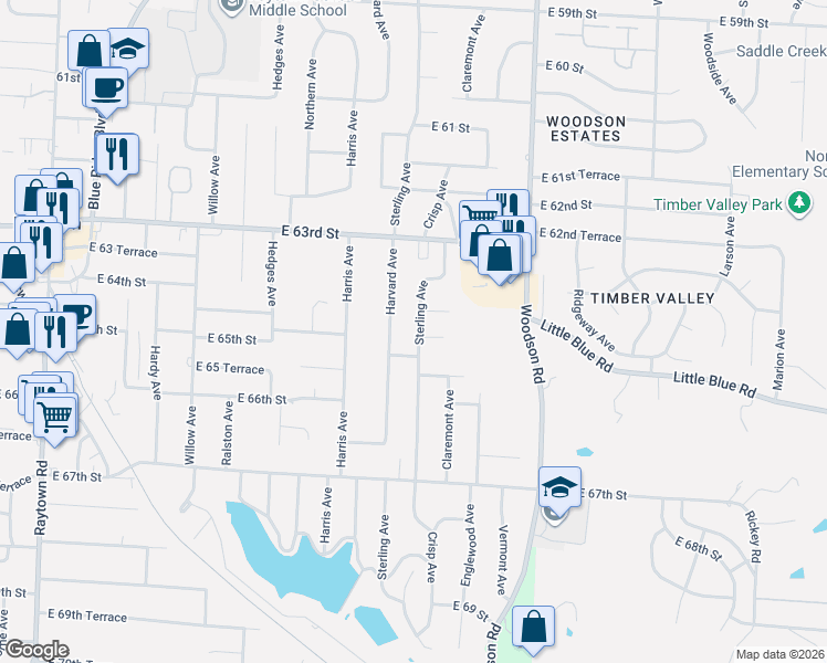 map of restaurants, bars, coffee shops, grocery stores, and more near 11201 East 64 Street in Raytown