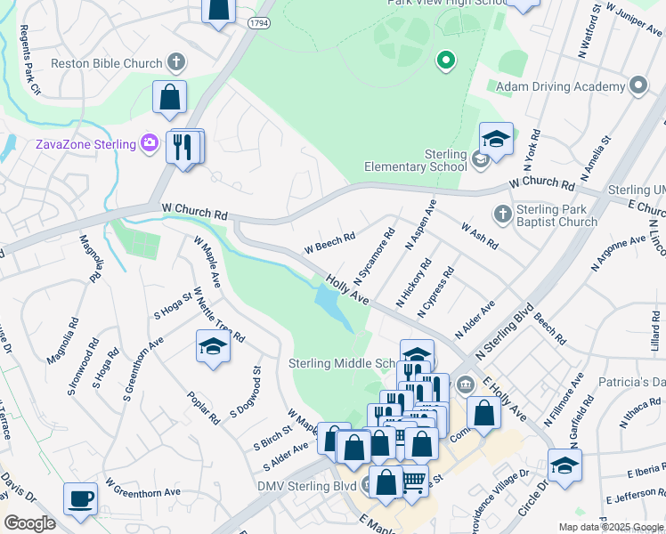 map of restaurants, bars, coffee shops, grocery stores, and more near 103 Sequoia Court in Sterling