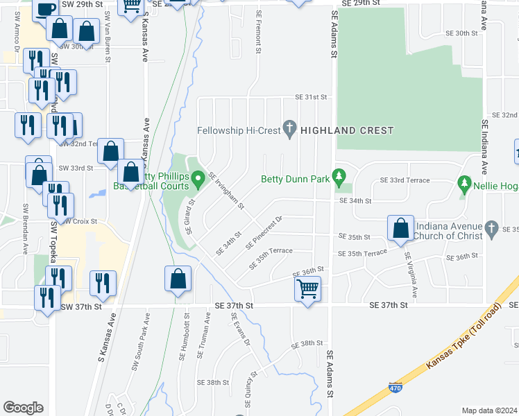 map of restaurants, bars, coffee shops, grocery stores, and more near 412 Southeast 34th Street in Topeka