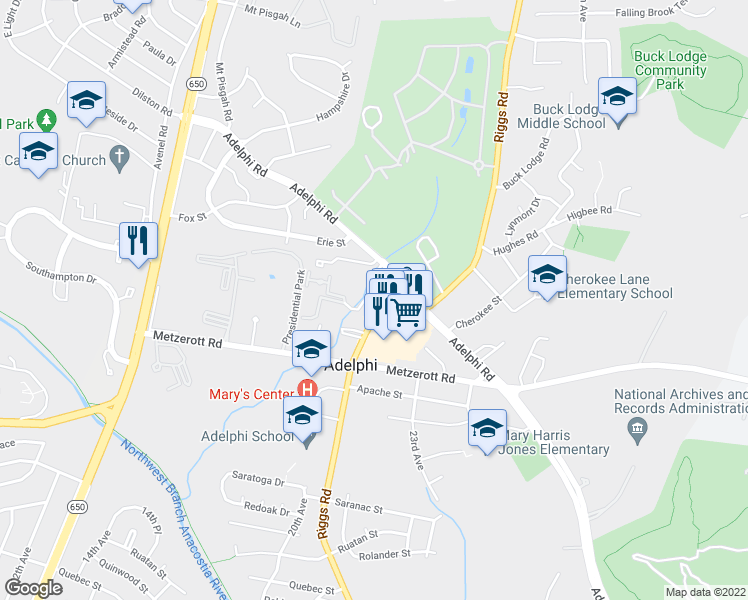 map of restaurants, bars, coffee shops, grocery stores, and more near Edwards Way in Hyattsville