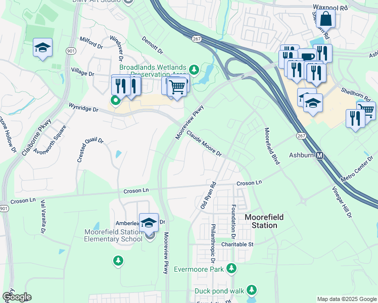 map of restaurants, bars, coffee shops, grocery stores, and more near 22146 Winter Lake Court in Ashburn