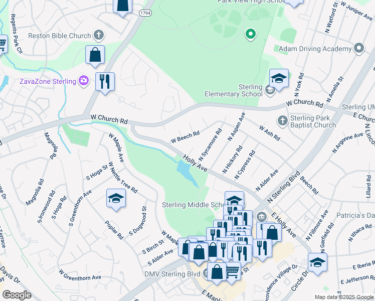 map of restaurants, bars, coffee shops, grocery stores, and more near 103 Sequoia Court in Sterling