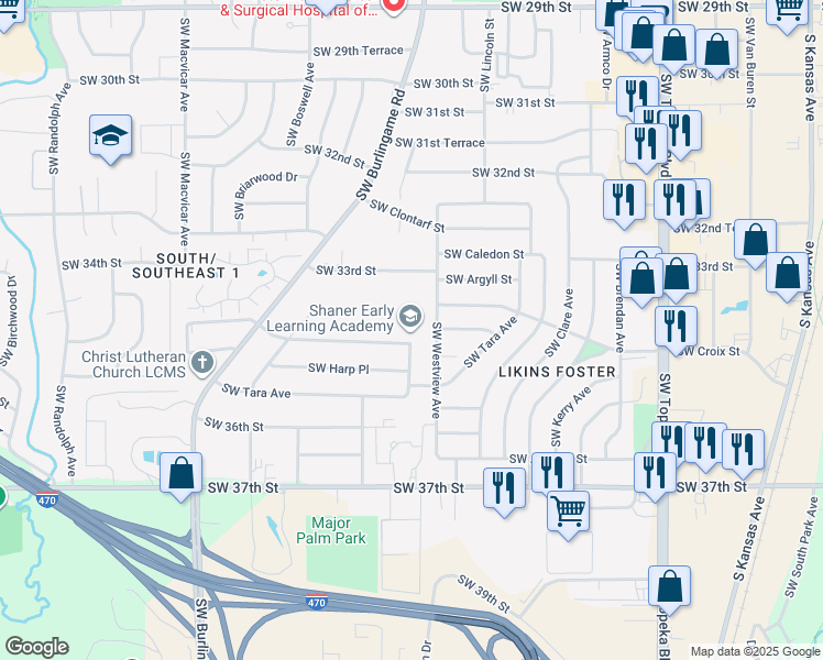 map of restaurants, bars, coffee shops, grocery stores, and more near 1600 Southwest 34th Street in Topeka