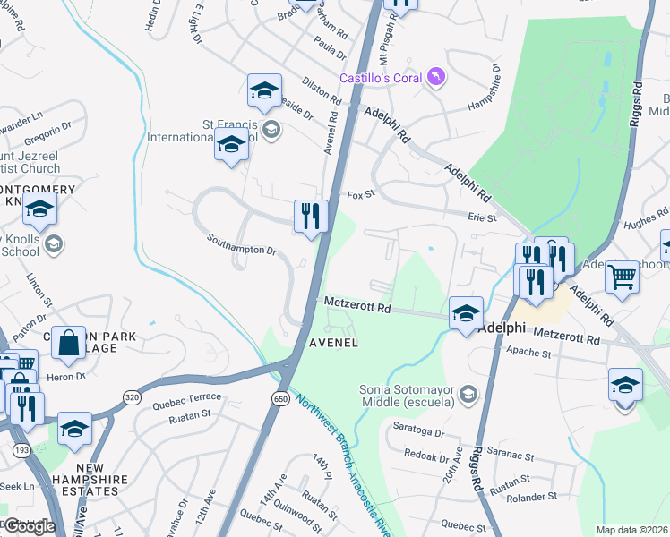 map of restaurants, bars, coffee shops, grocery stores, and more near 9205 New Hampshire Avenue in Silver Spring