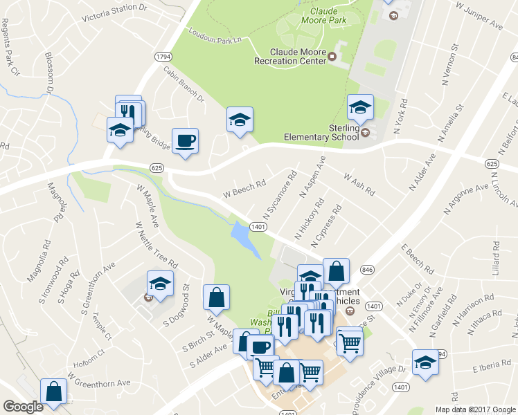 map of restaurants, bars, coffee shops, grocery stores, and more near 104 Sequoia Court in Sterling