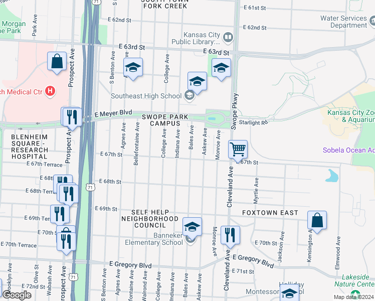 map of restaurants, bars, coffee shops, grocery stores, and more near 6636 Bales Avenue in Kansas City