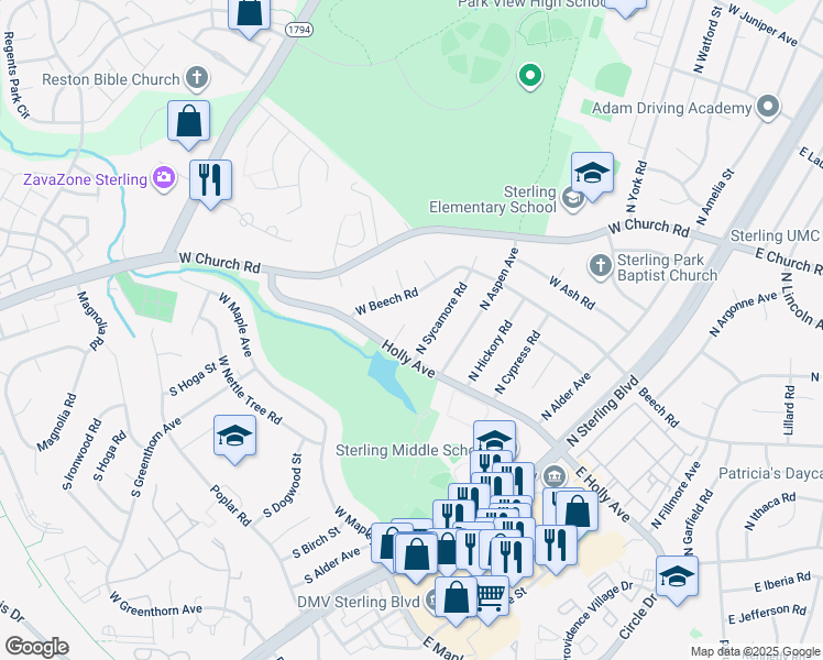 map of restaurants, bars, coffee shops, grocery stores, and more near 104 Sequoia Court in Sterling