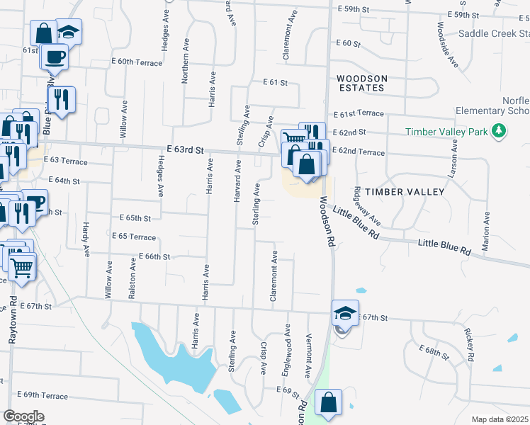map of restaurants, bars, coffee shops, grocery stores, and more near 11201 East 64 Street in Raytown