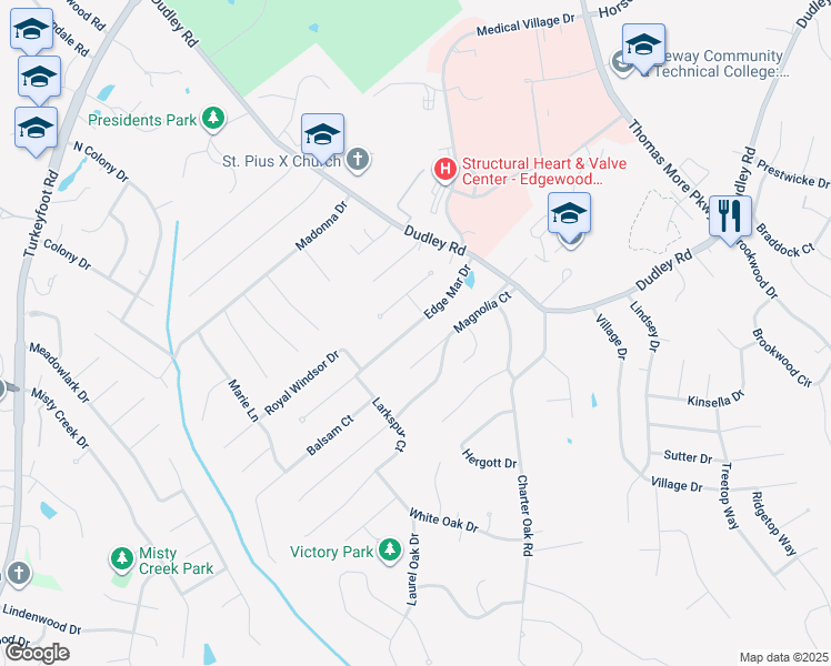 map of restaurants, bars, coffee shops, grocery stores, and more near 3041 Edge Mar Drive in Edgewood