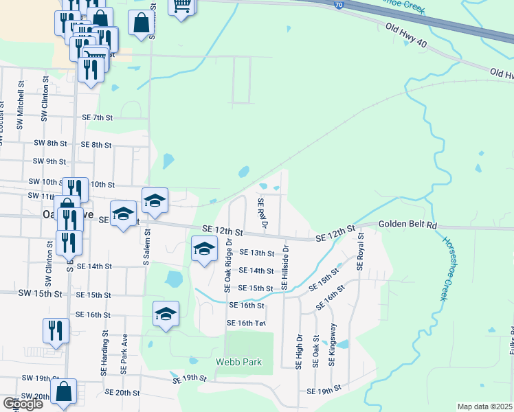 map of restaurants, bars, coffee shops, grocery stores, and more near 1100 Southeast Ray Drive in Oak Grove