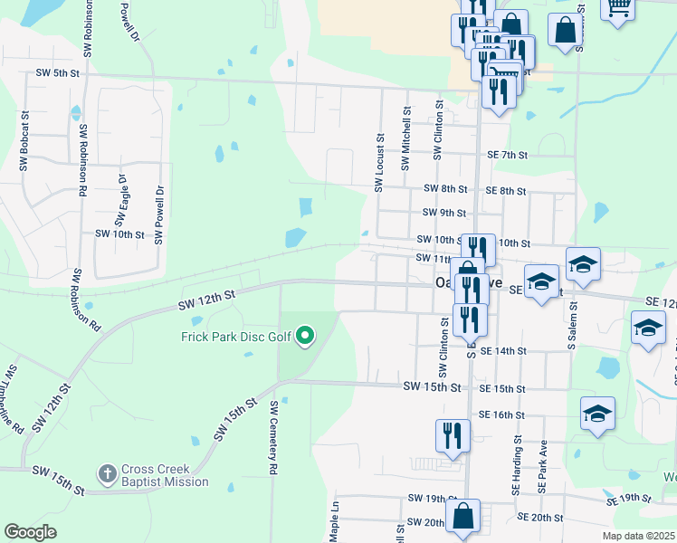 map of restaurants, bars, coffee shops, grocery stores, and more near 402 Southwest 12th Street in Oak Grove